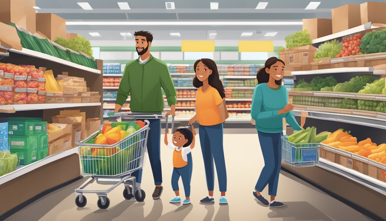 A family unloading a cart full of groceries at the BJs Wholesale Club checkout counter