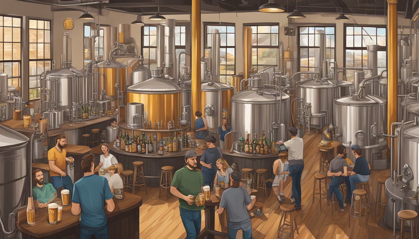 A bustling craft brewery scene in Savannah, Georgia. Various beer styles, unique taproom designs, and local ingredients showcased