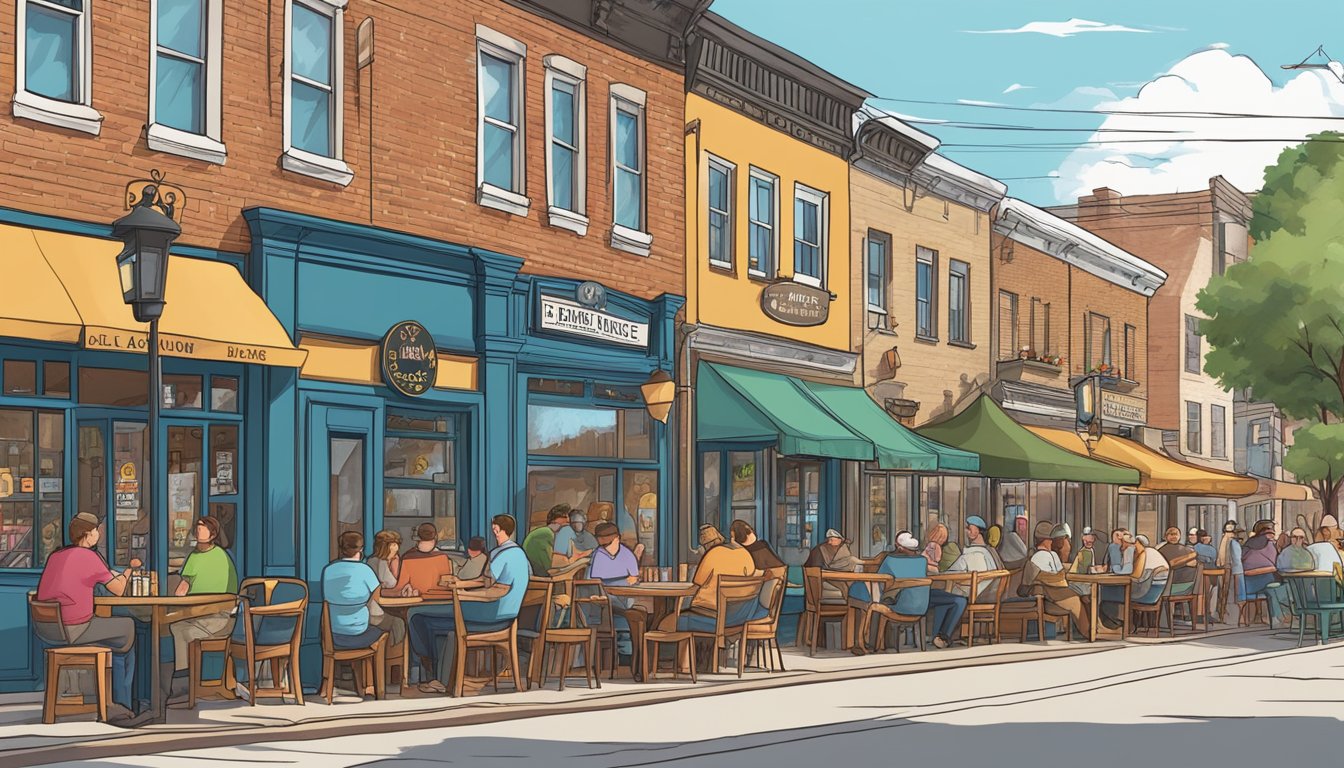 A group of lively breweries lining a quaint street in Elgin, IL, with outdoor seating and colorful signage, attracting locals and visitors alike