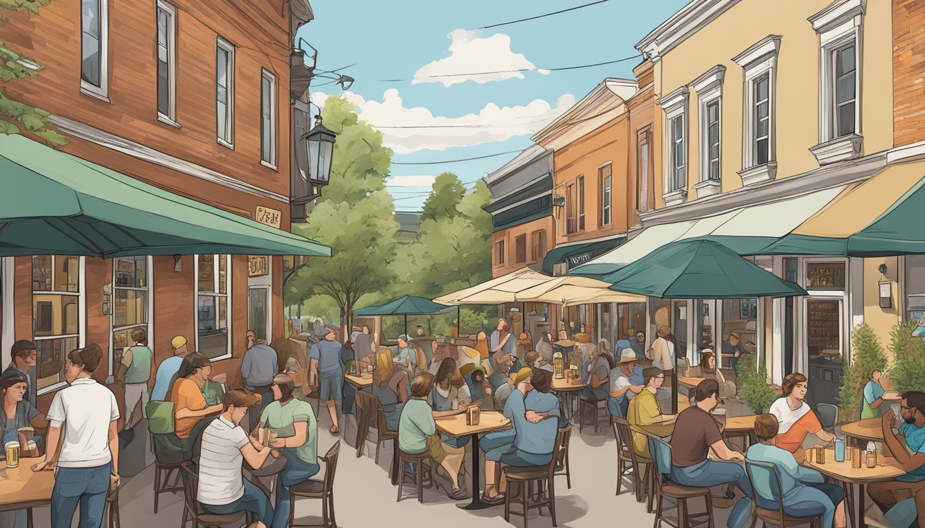 A bustling craft beer scene in Athens, GA with diverse breweries, outdoor seating, and lively patrons enjoying local brews