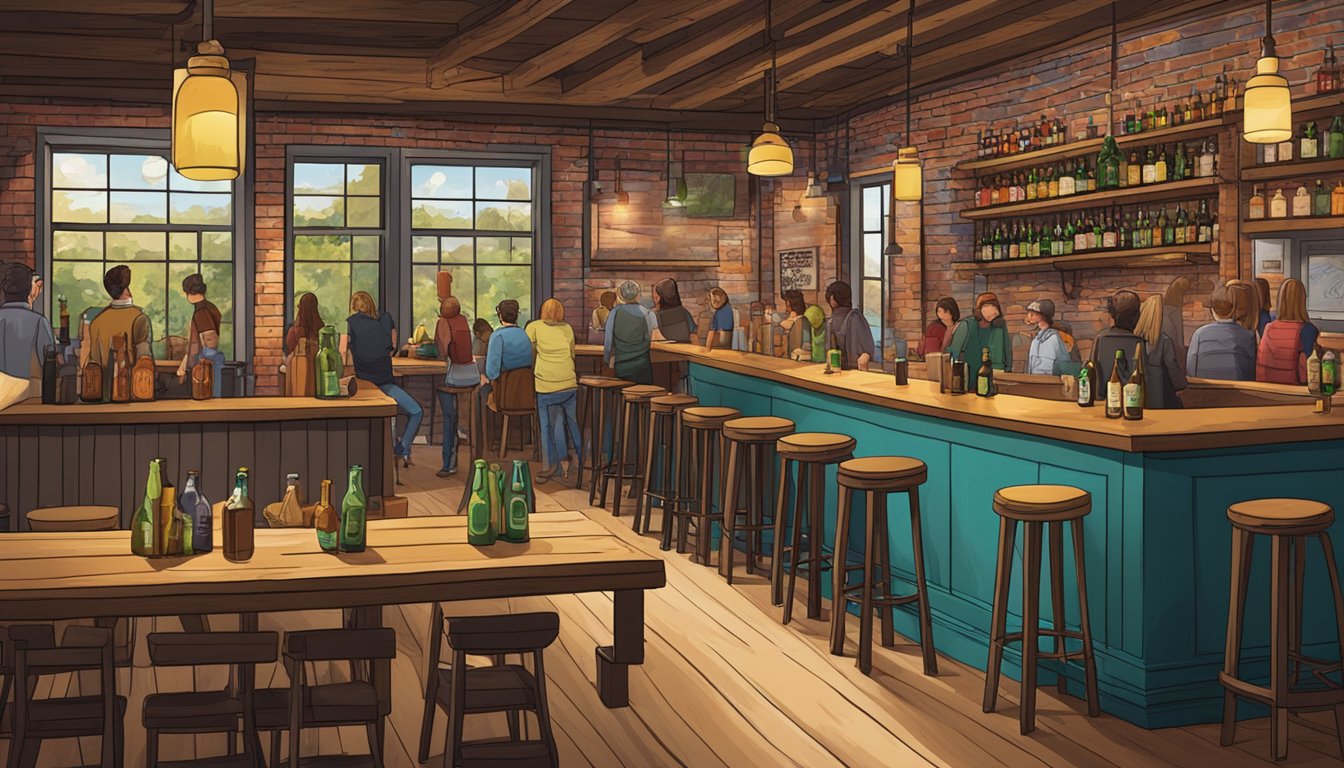 A lively taproom with rustic wooden tables, exposed brick walls, and shelves lined with colorful bottles of craft beer. Customers gather around the bar, chatting and sipping on various brews