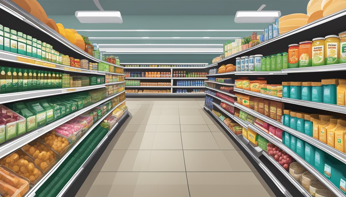 A grocery store aisle filled with various products labeled with regulatory compliance information for Brookshire Grocery Company