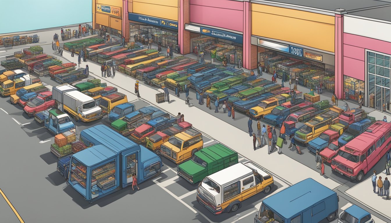 A busy parking lot outside a large wholesale club, with carts and shoppers entering and exiting the store