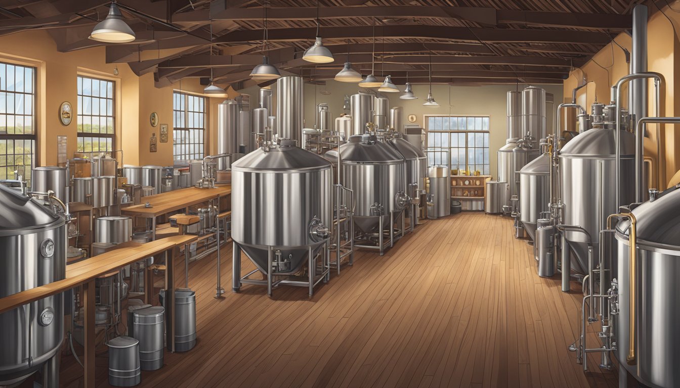 A bustling craft beer brewery in Savannah, GA, with a variety of beer-making equipment and ingredients on display