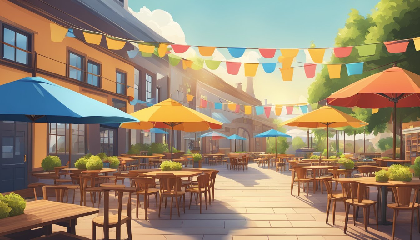 A sunny outdoor beer garden with colorful umbrellas, wooden tables, and a variety of craft beer taps