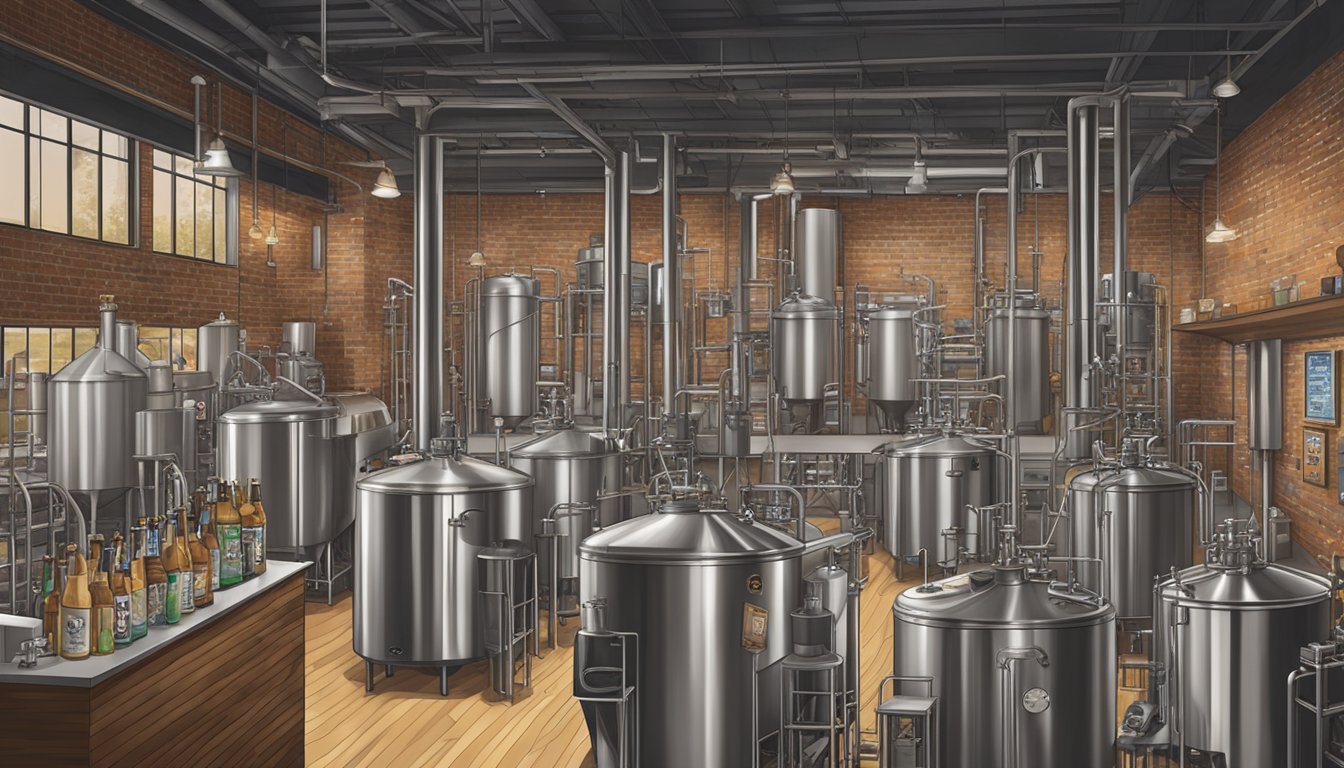 A bustling taproom with various beer styles on display, surrounded by the industrial equipment of a local brewery in Athens, GA