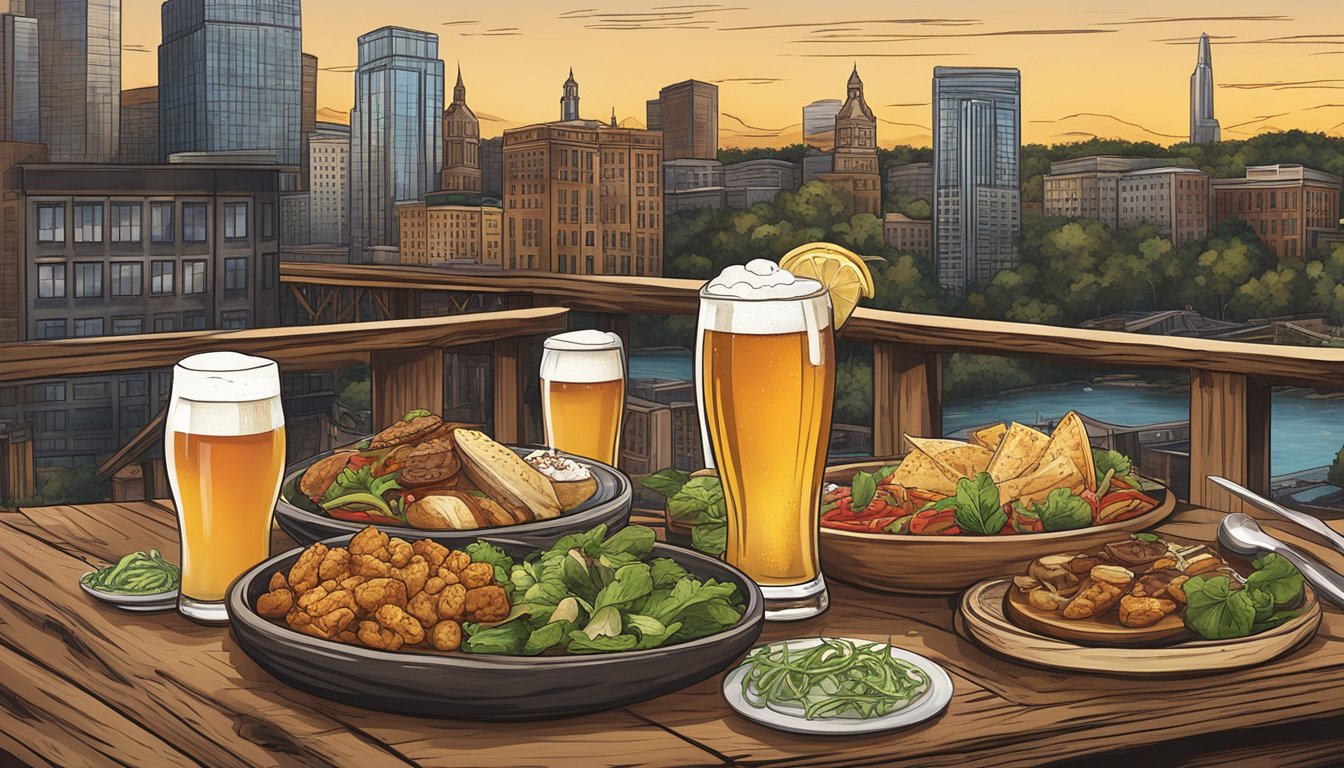 A rustic wooden table topped with a variety of local dishes and craft beer glasses, set against a backdrop of the Elgin, IL cityscape