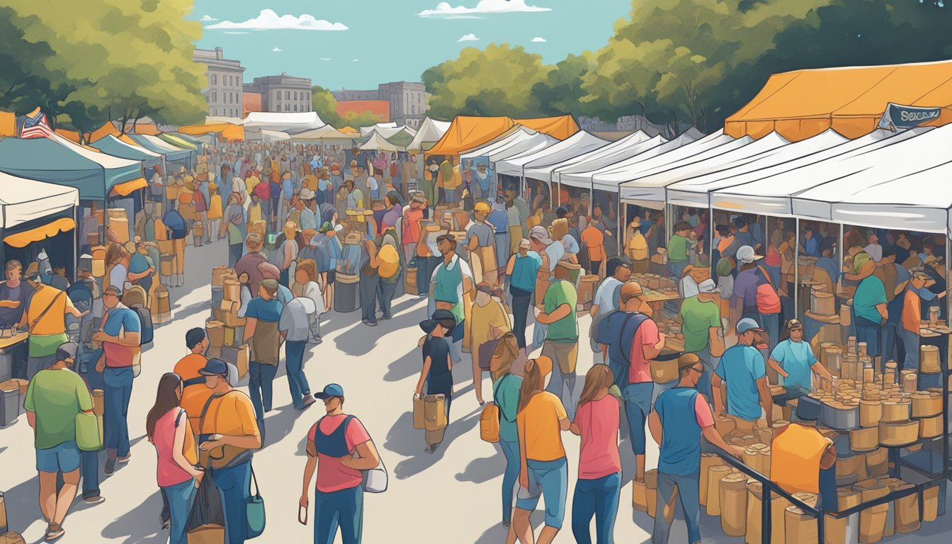 A bustling craft beer festival in Savannah, GA, with rows of colorful vendor booths and eager beer enthusiasts sampling local brews