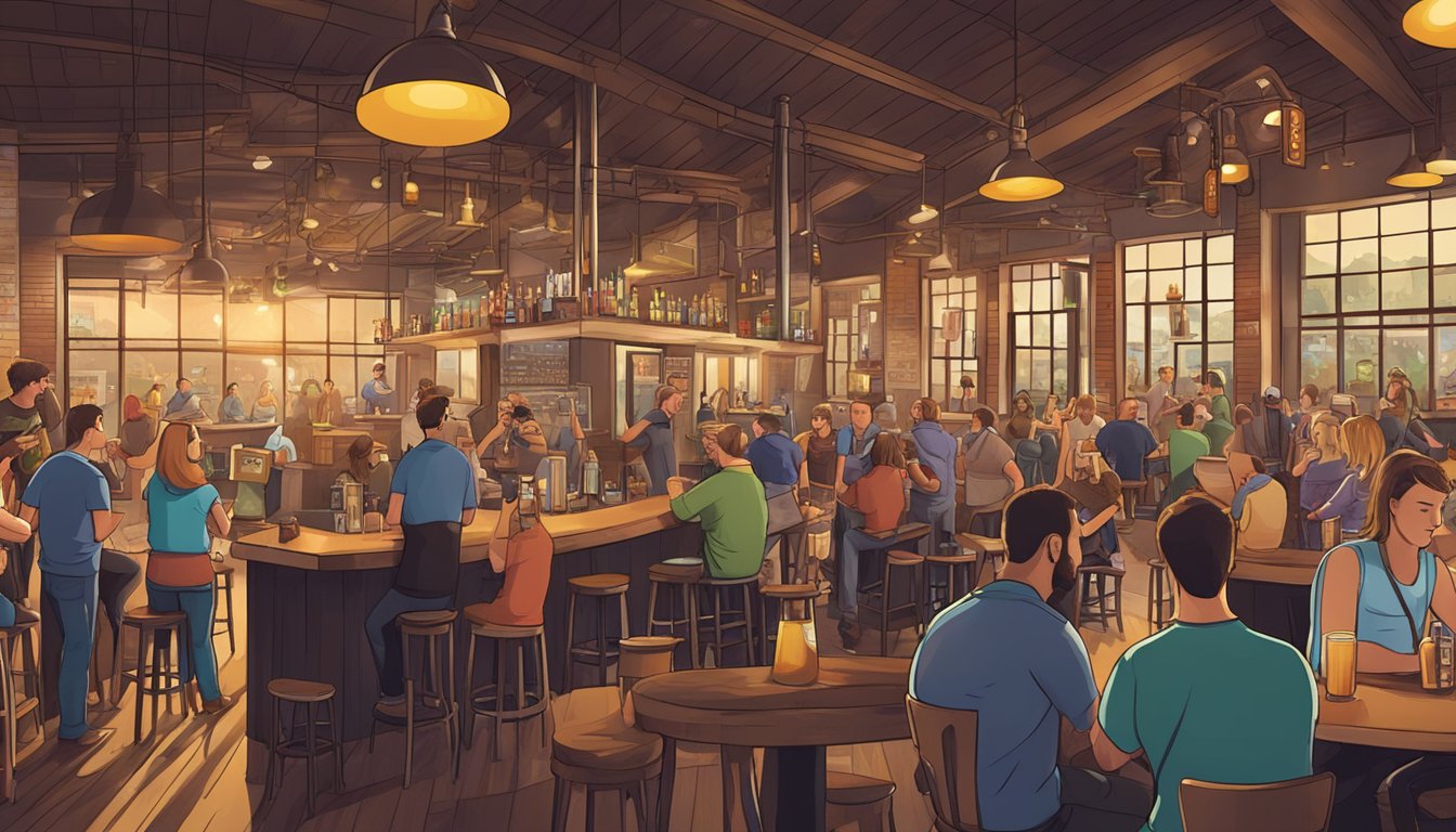 A bustling brewery scene with diverse beer taps, live music, and lively patrons enjoying the local craft beer guide in Elgin, IL