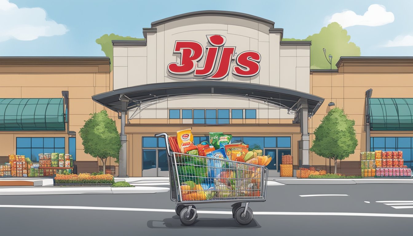 A cart filled with groceries, including snacks, drinks, and entertainment items, sits in front of the bjs wholesale club entrance