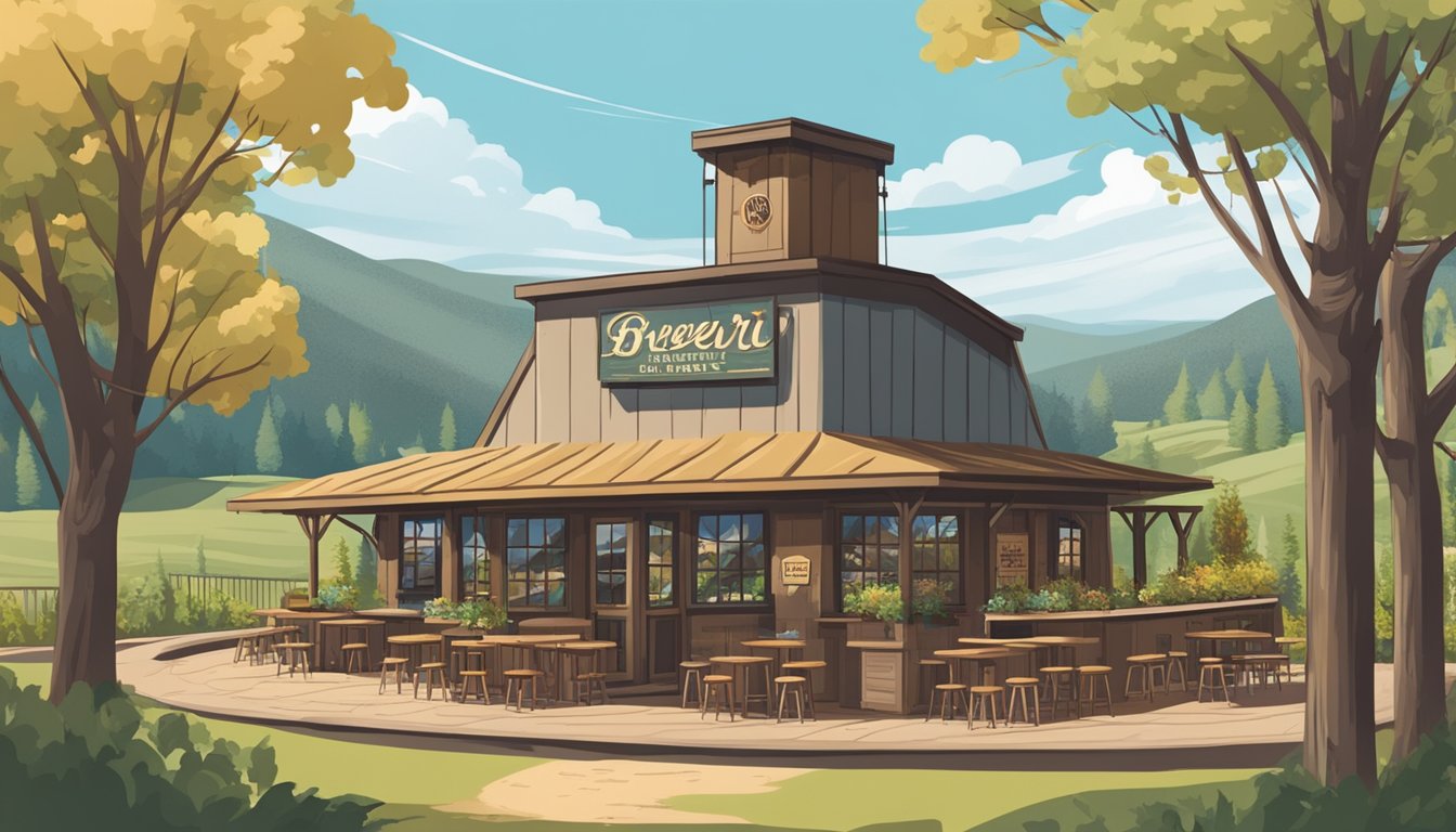 A quaint brewery nestled among trees with a rustic sign and outdoor seating, surrounded by rolling hills and a clear blue sky