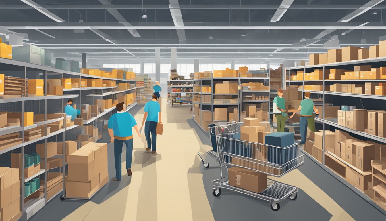 A busy aisle in a warehouse store with shelves of home improvement and furniture items, customers browsing and pushing carts