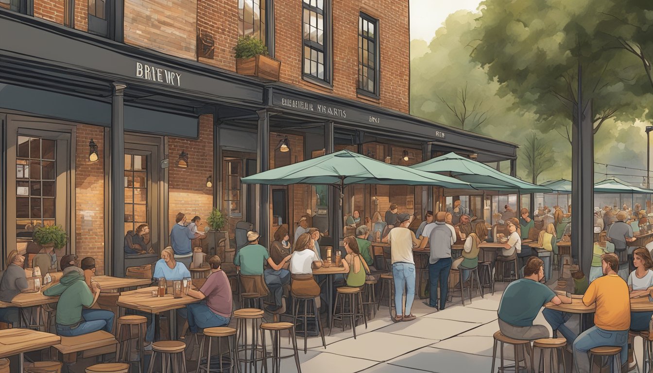 A bustling brewery scene with outdoor seating, chalkboard menus, and patrons enjoying craft beer in the heart of Athens, Georgia