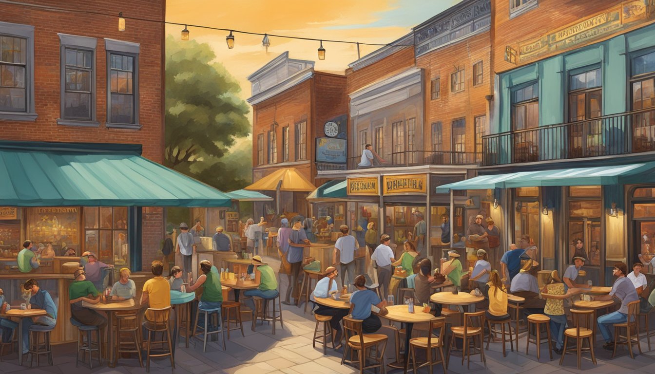 A bustling craft brewery scene in Savannah, Georgia, with a variety of unique and colorful beer labels on display. Outdoor seating and live music add to the vibrant atmosphere