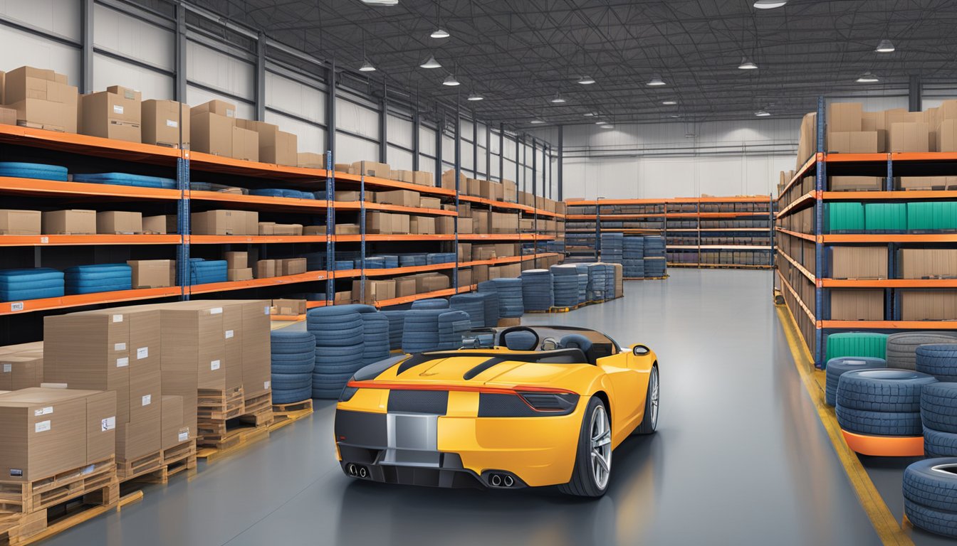 A large warehouse with stacked automotive and tire products at BJs Wholesale Club