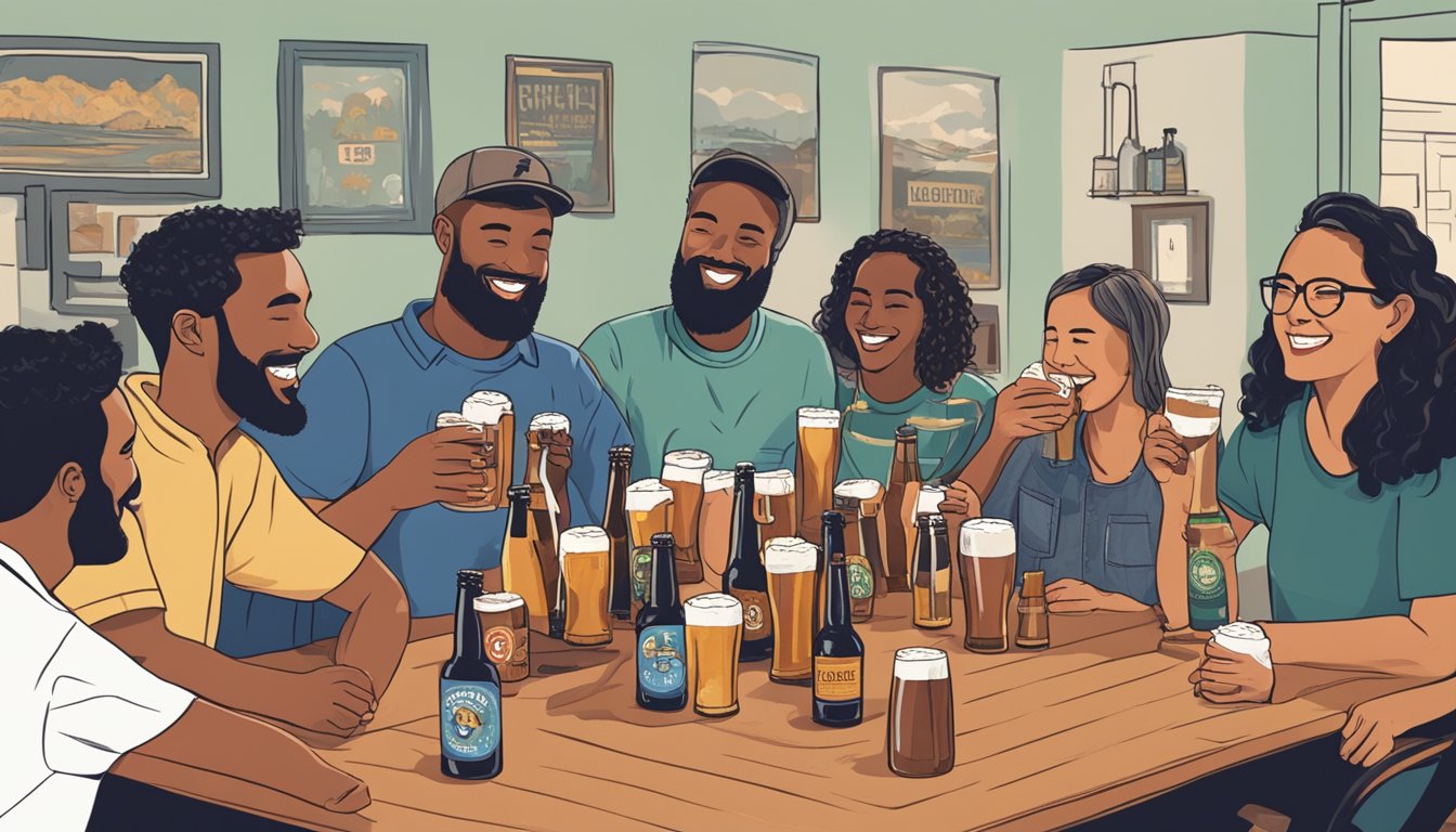 A group of people gather around a table, each holding a different local craft beer from Athens, GA. The room is filled with the sound of laughter and chatter as they discuss their favorite brews