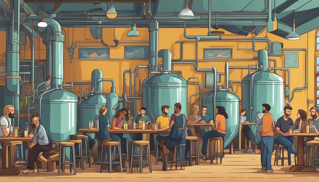 A bustling local craft brewery with diverse patrons enjoying beer and conversation in a vibrant, welcoming atmosphere