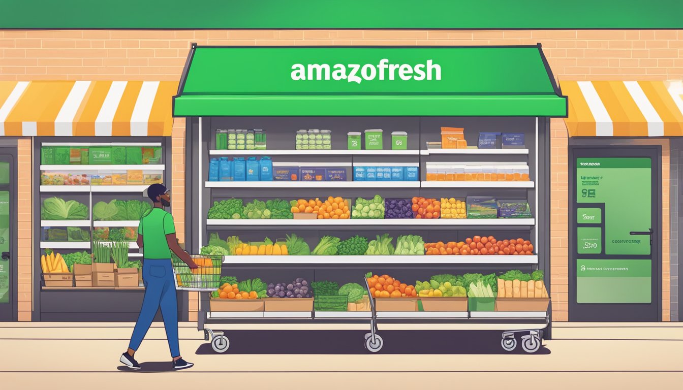 A cart filled with groceries sits next to a sign displaying membership and pricing options at Amazon Fresh