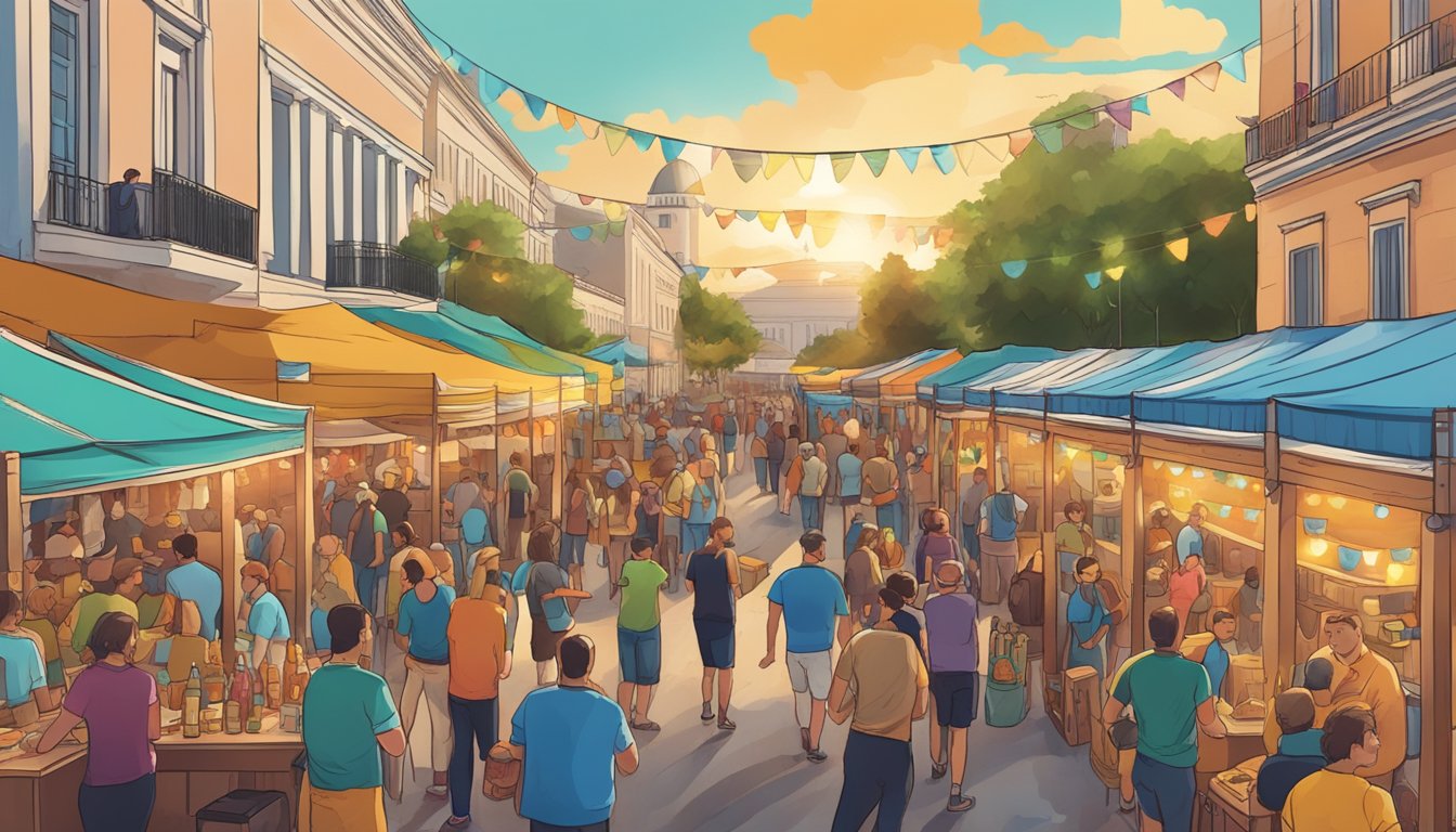 A bustling craft beer festival in downtown Athens, with rows of colorful booths and lively music