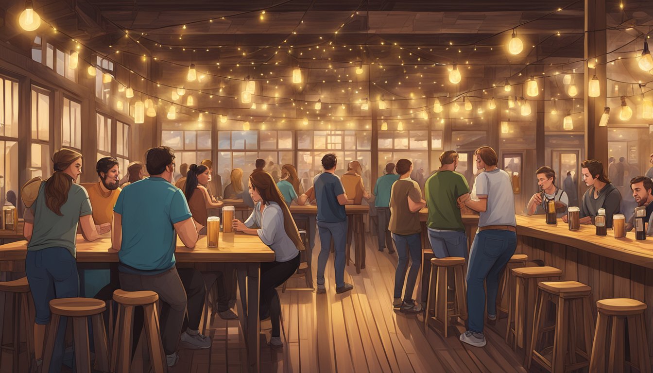 A bustling brewery scene with patrons sampling craft beer flights and chatting at wooden tables under string lights