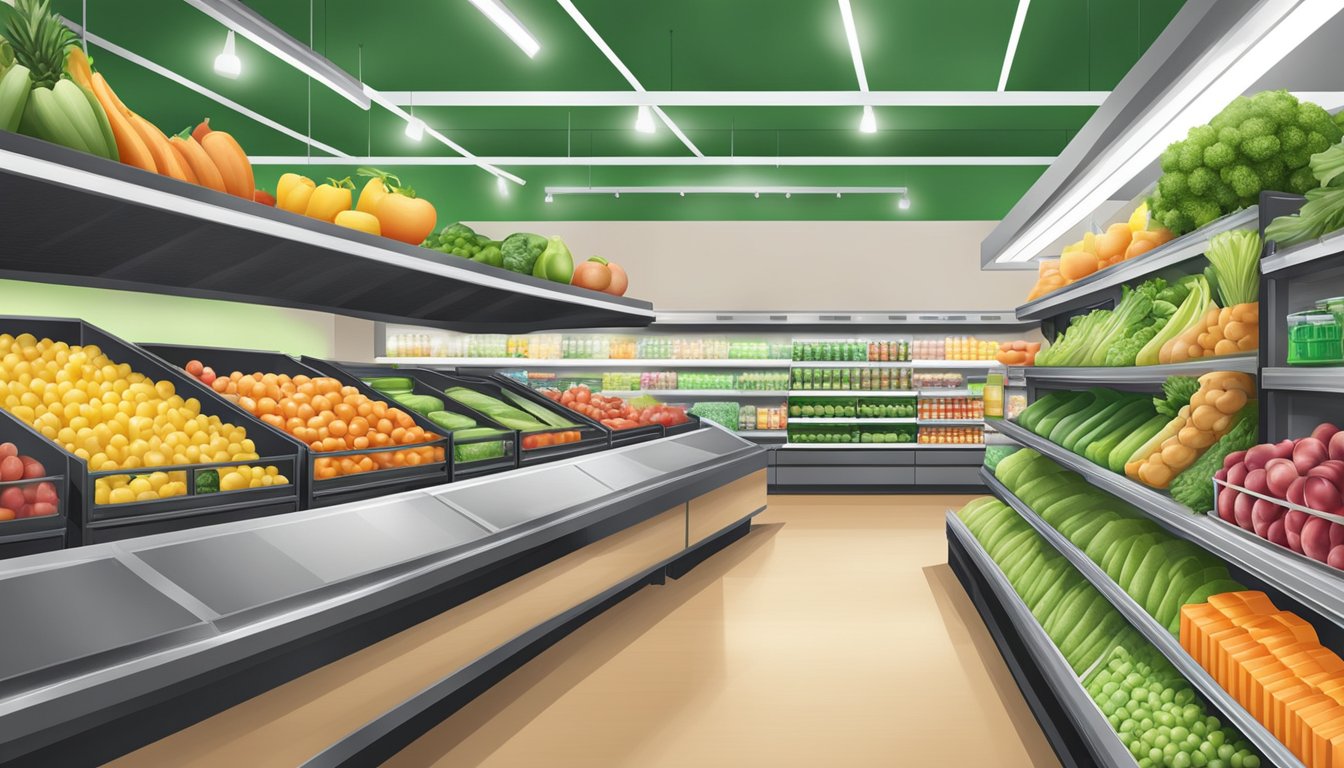 A variety of fresh groceries arranged on shelves and in refrigerated sections at an Amazon Fresh store