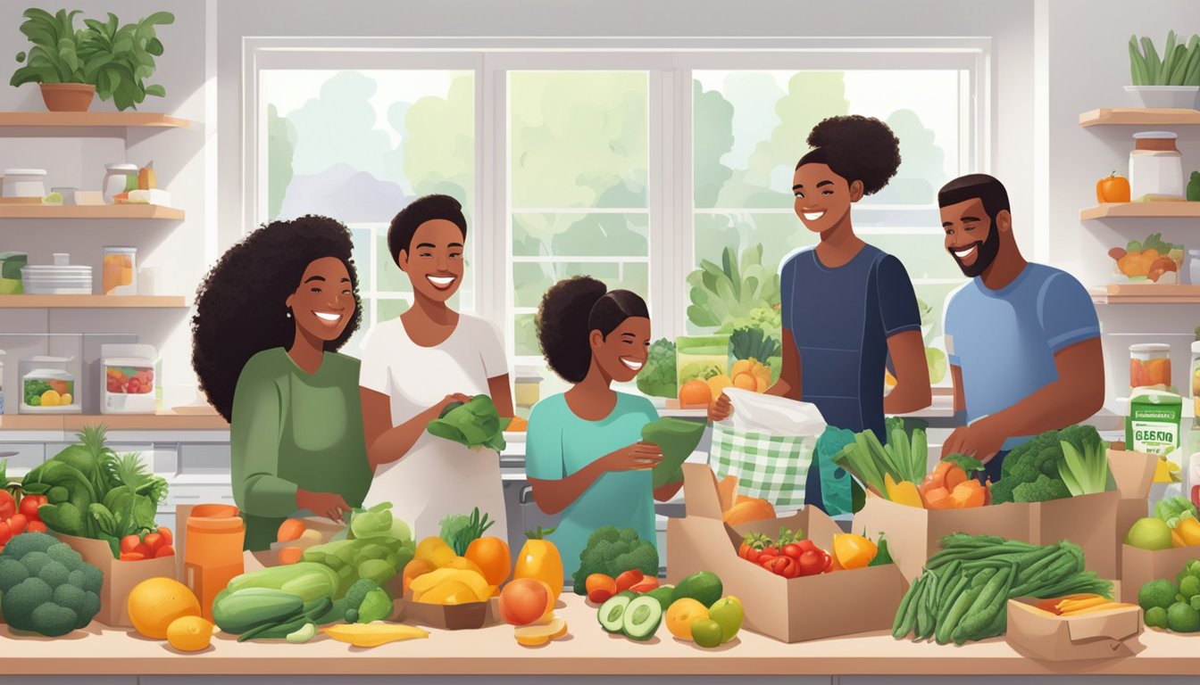 A smiling family unpacks fresh groceries from Amazon Fresh, with a variety of fruits, vegetables, and pantry staples neatly organized on the kitchen counter