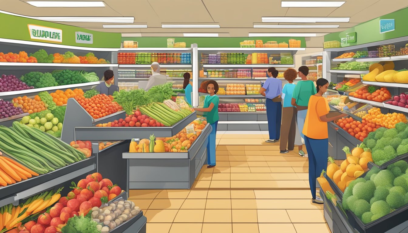 A bustling grocery store with colorful produce, neatly stacked shelves, and friendly staff assisting customers