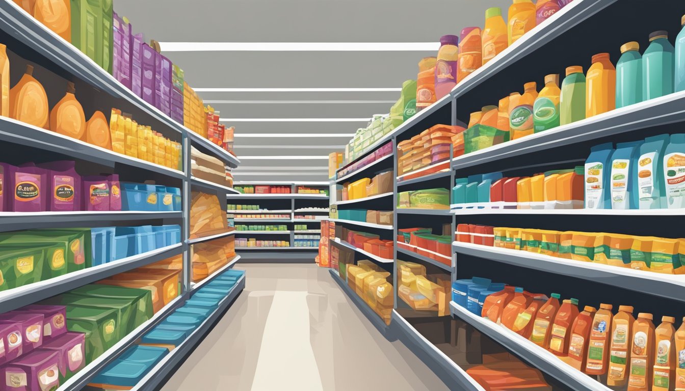 A busy grocery store aisle at Albertsons, with colorful shelves and products neatly arranged