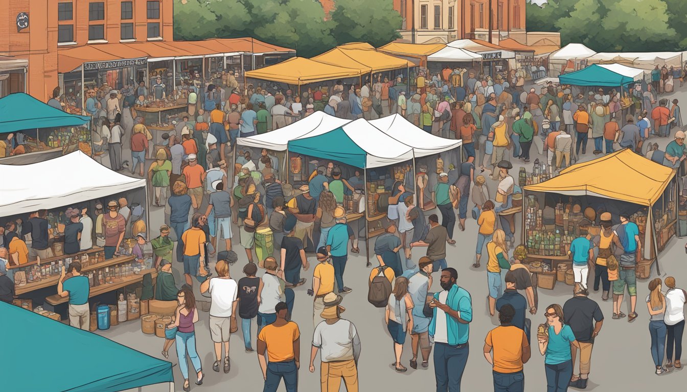 A bustling craft beer festival in Macon, GA with a variety of vendors, live music, and enthusiastic beer enthusiasts sampling different brews