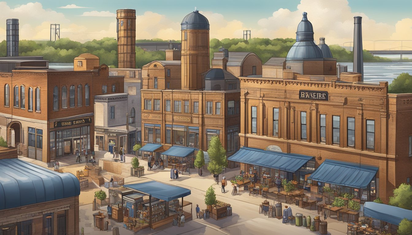 A bustling brewery scene with historic buildings and modern craft beer bars, set against the backdrop of Peoria, Illinois