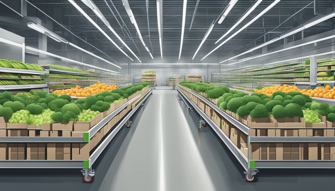 A bustling Amazon Fresh warehouse with automated conveyor belts moving groceries for future expansion