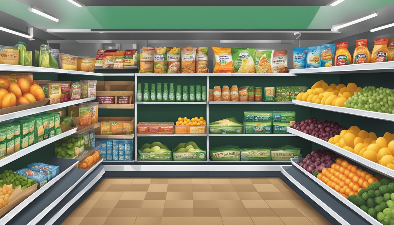 Groceries arranged on shelves with promotional signs at Albertsons