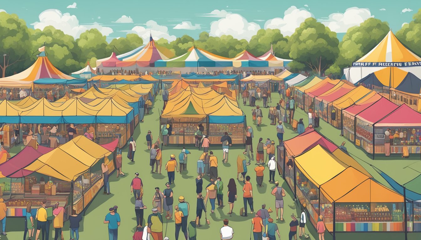 A bustling craft beer festival with rows of colorful tents, people sampling various brews, and vendors showcasing a wide array of craft beer options