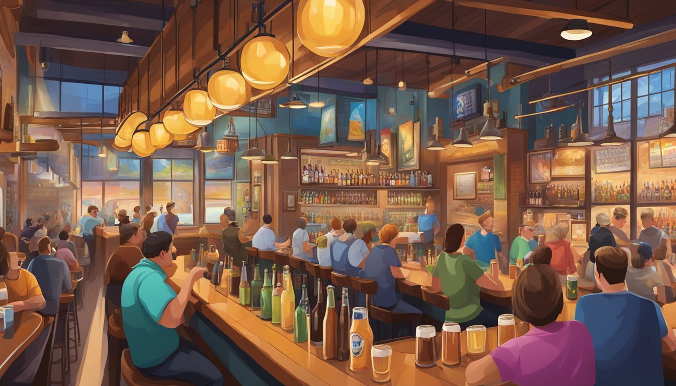 A bustling brewery scene with patrons enjoying craft beer flights and lively conversation. Beer taps line the bar, and colorful murals adorn the walls