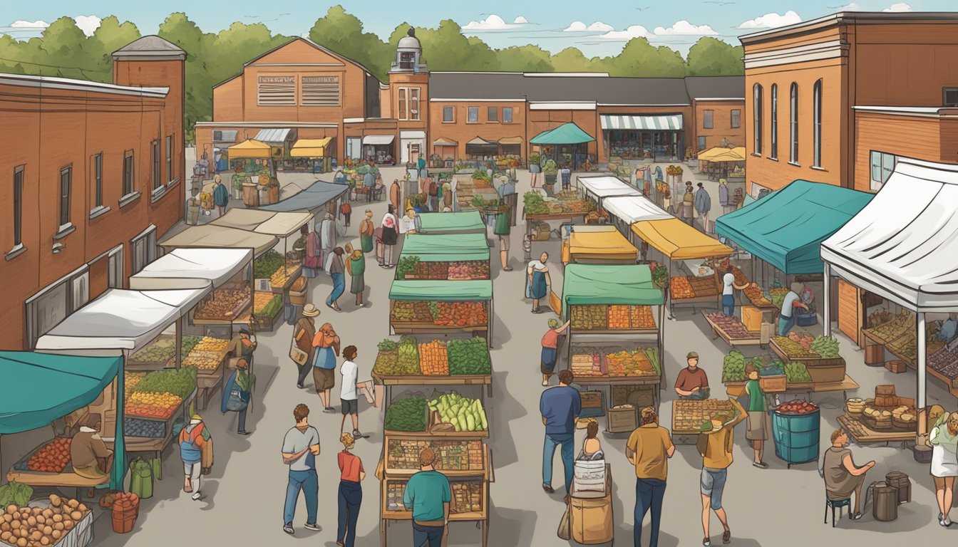 A bustling farmers' market with vendors selling fresh produce and local Iowa specialties, surrounded by Cedar Rapids breweries offering a variety of craft beers