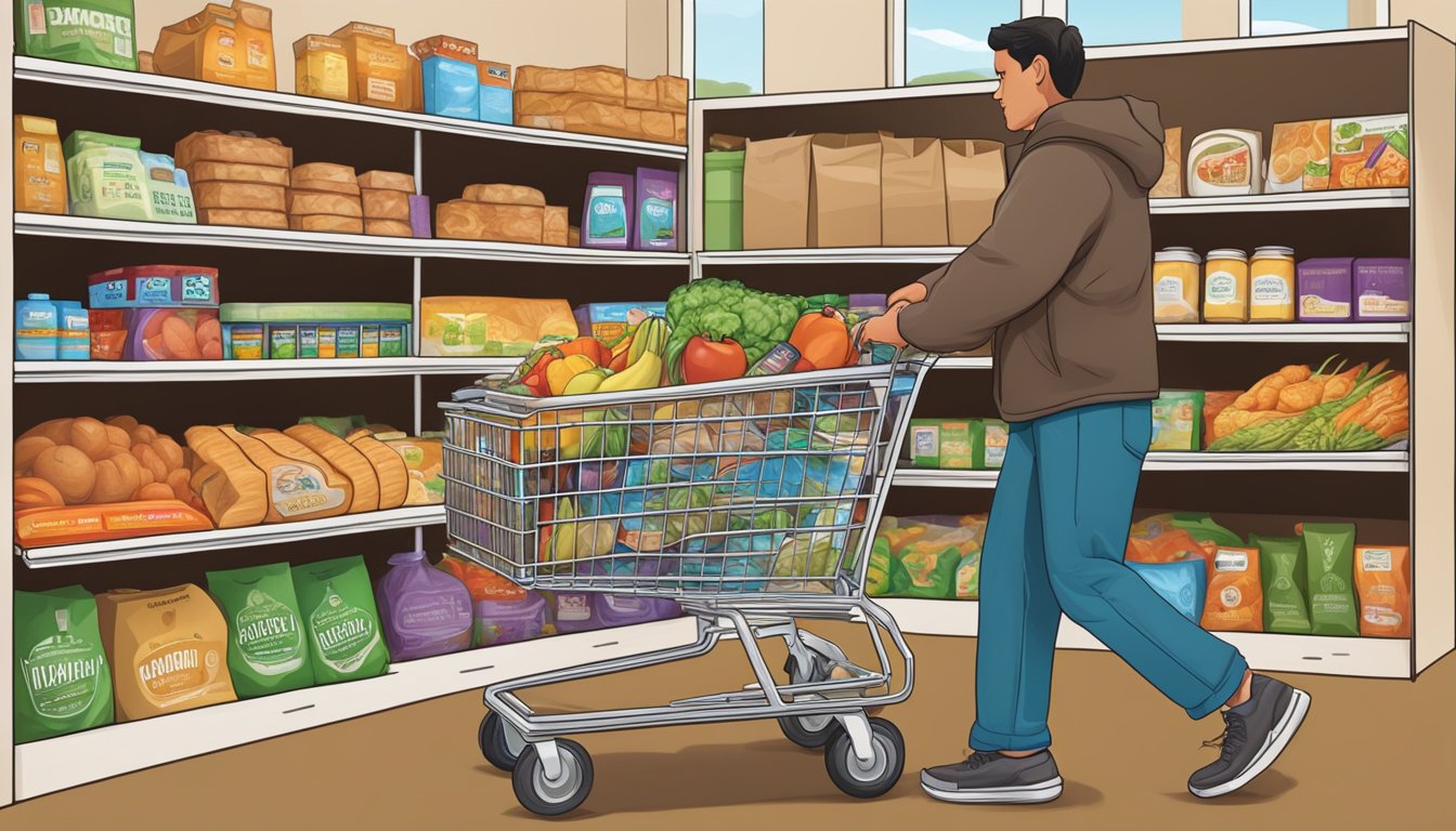 A person unloading groceries from an Albertsons shopping cart at home