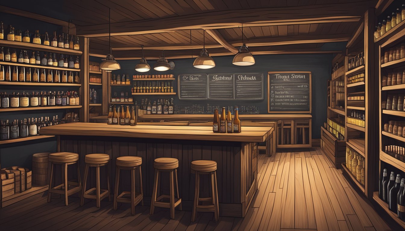 A cozy bottle shop with shelves of craft beer, wooden crates, and a chalkboard menu. Warm lighting and a rustic feel