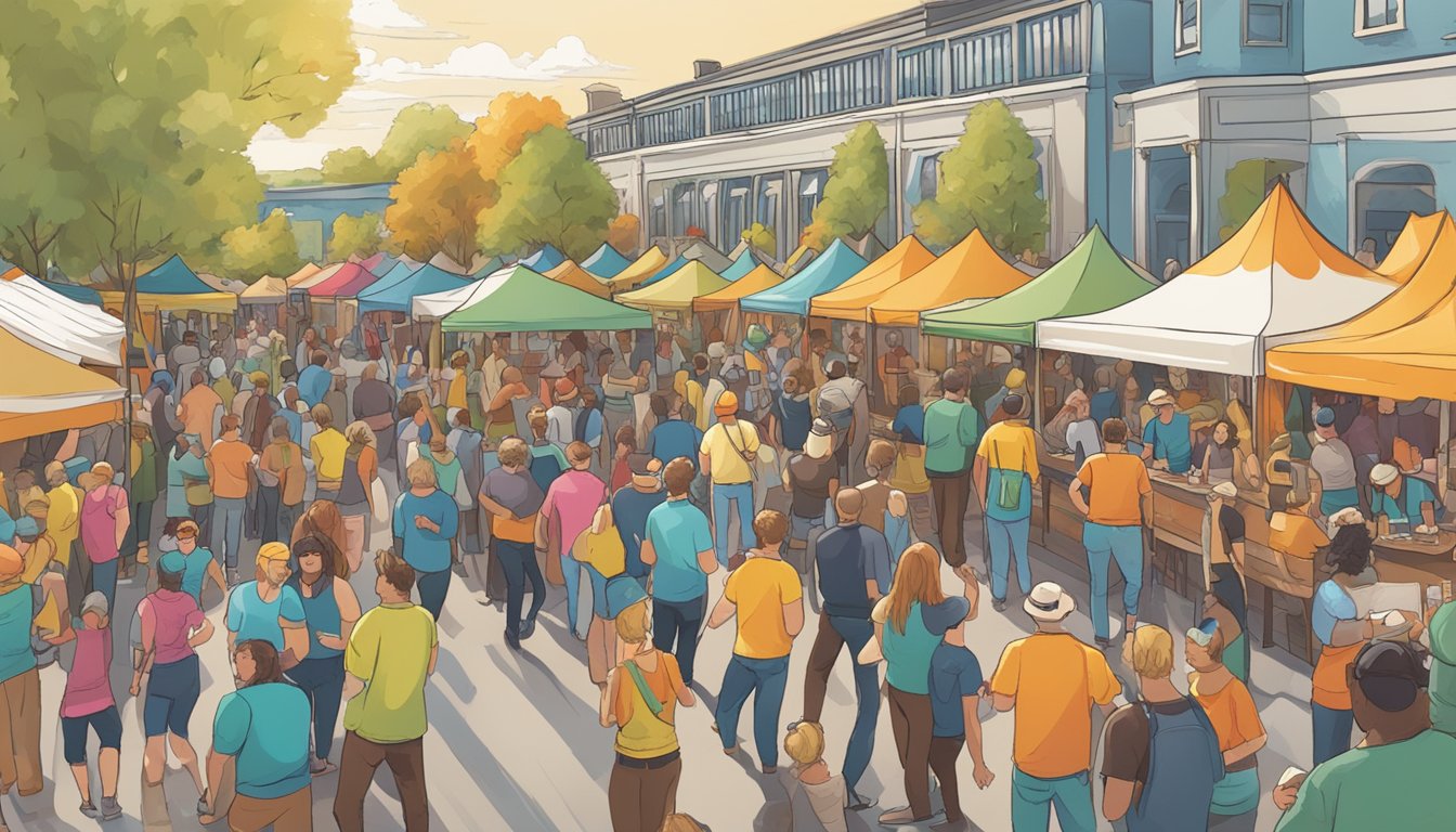 A bustling craft beer festival with colorful booths and lively music. Patrons sample local brews and engage with enthusiastic brewers