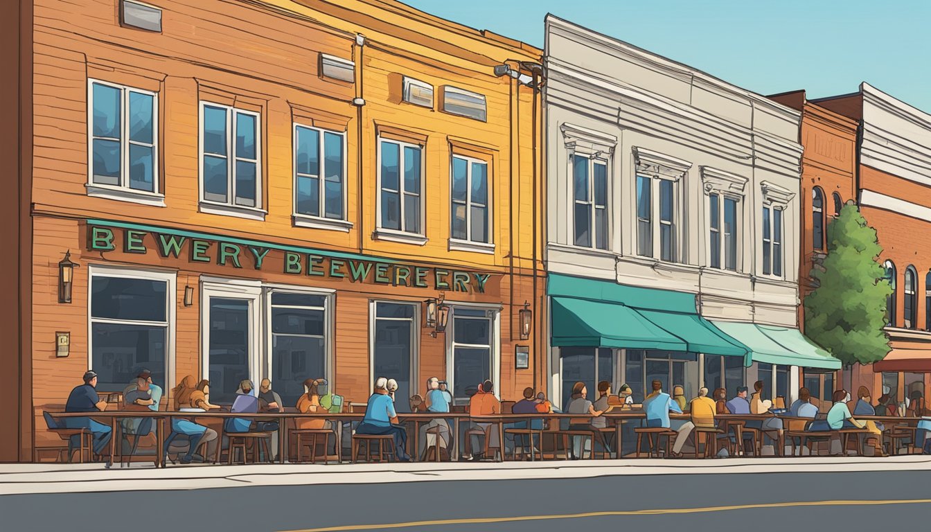 A row of colorful brewery buildings line the bustling streets of Cedar Rapids, IA, with outdoor seating and lively patrons enjoying local craft beer