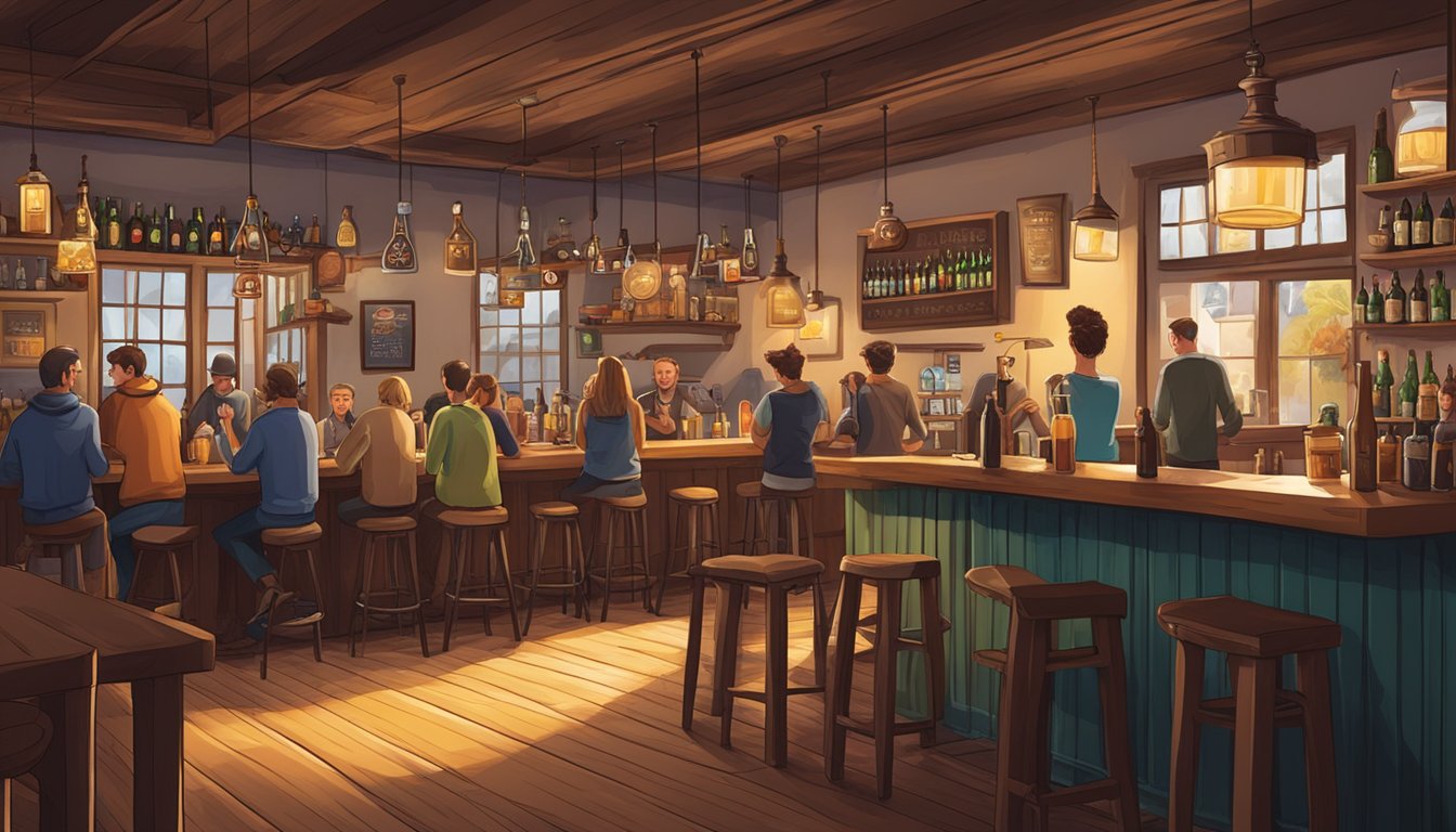 A cozy pub scene with a variety of craft beer bottles and taps, surrounded by locals enjoying the laid-back atmosphere