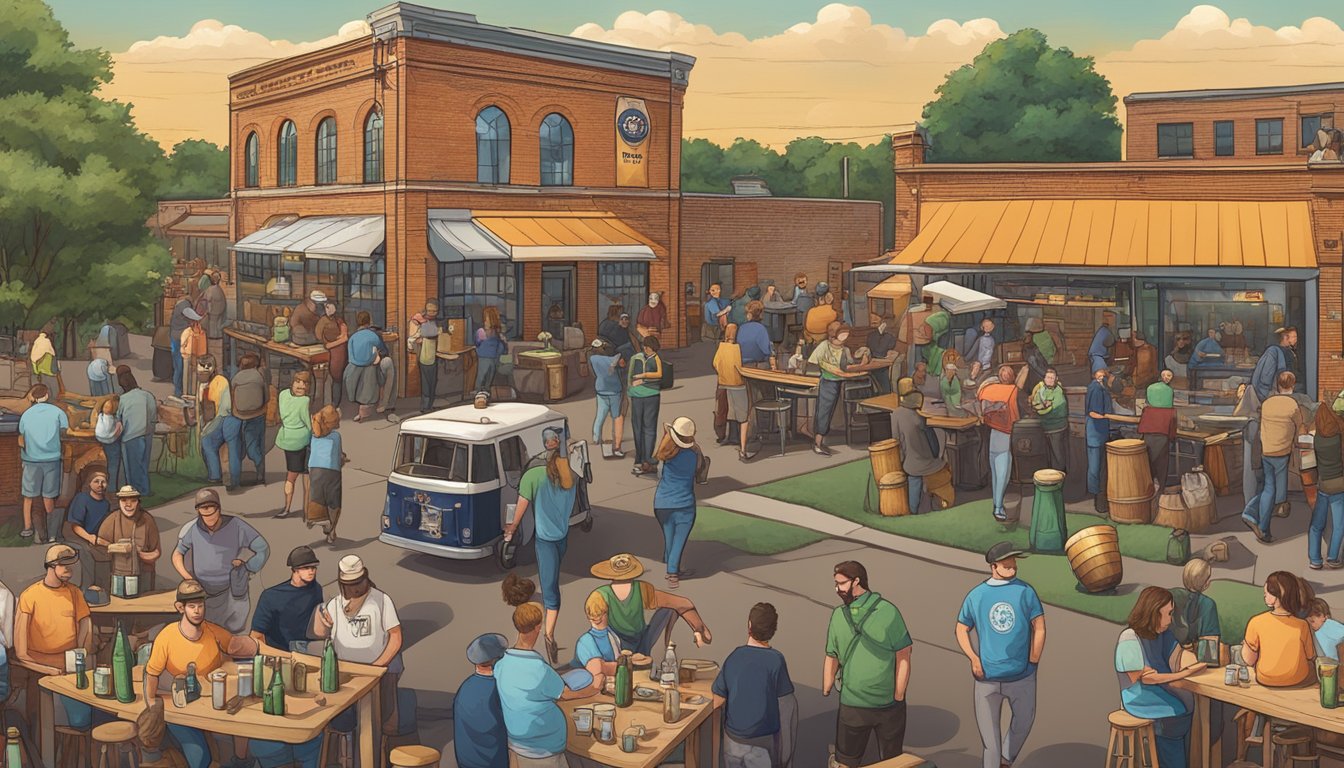 A bustling brewery scene in Peoria, IL with locals enjoying craft beer, live music, and vibrant cultural events