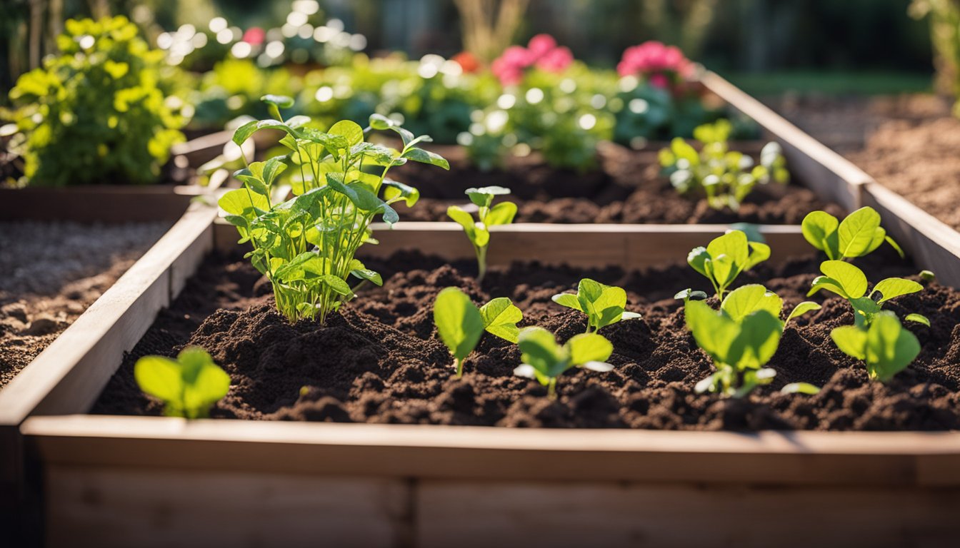 A raised garden bed with rich soil, tools, and soft morning light