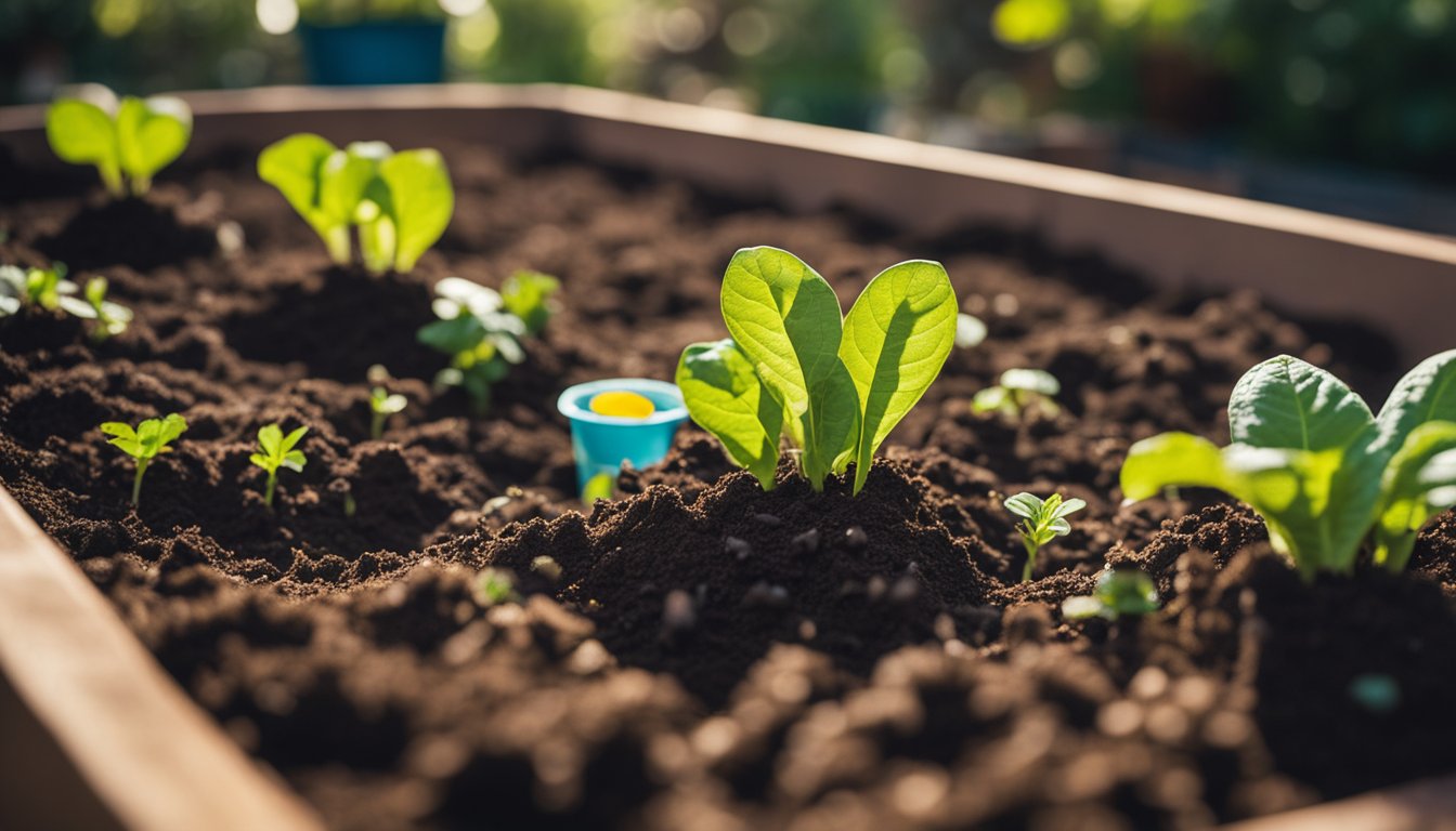 A raised garden bed with rich soil, tools, and plant markers. Soft morning light highlights the texture, with visible earthworms