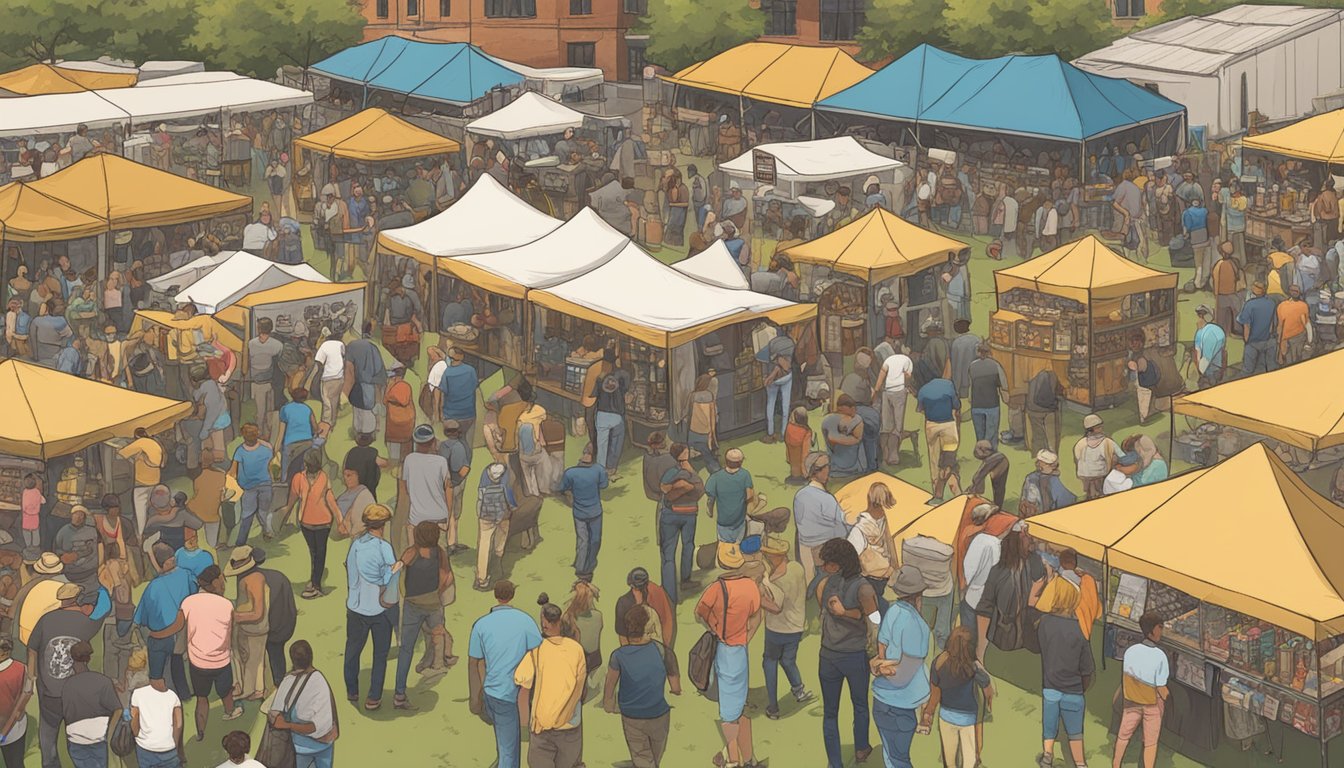 A bustling craft beer festival in Macon, GA with vendors, live music, and eager beer enthusiasts sampling and socializing