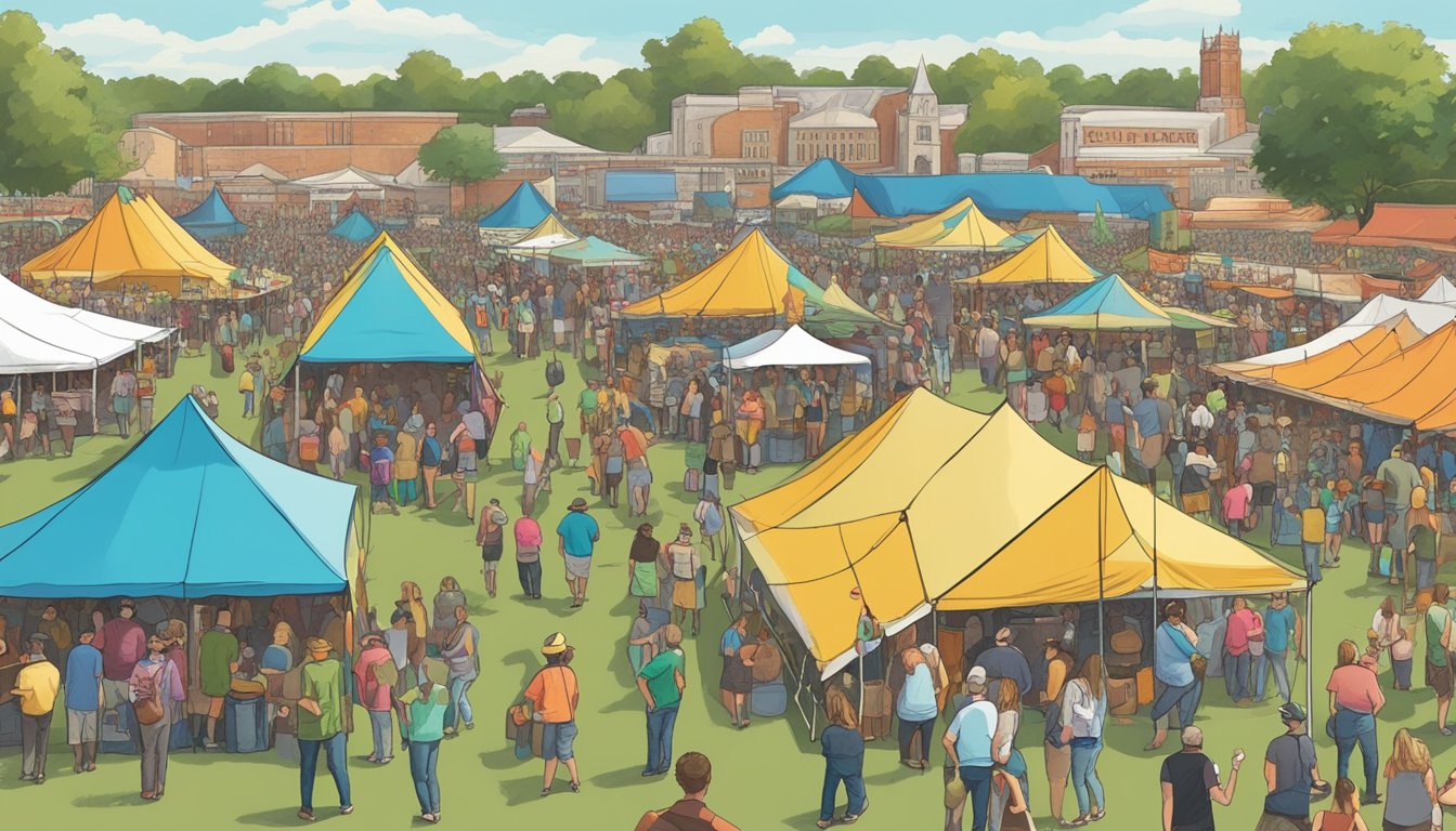 A bustling craft beer festival in Peoria, IL with rows of colorful tents, people sampling beers, and live music filling the air