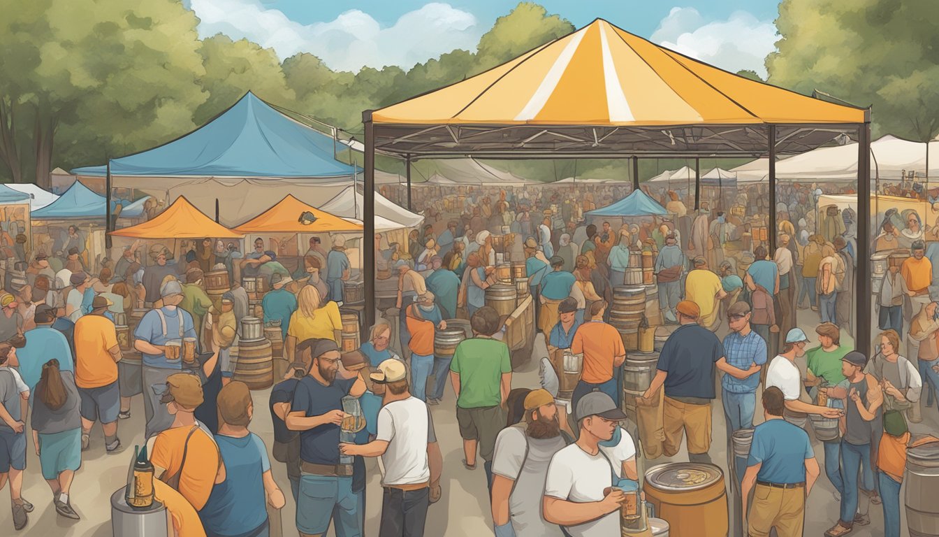 A bustling craft beer festival in Macon, GA, with a variety of local breweries showcasing their unique and flavorful brews