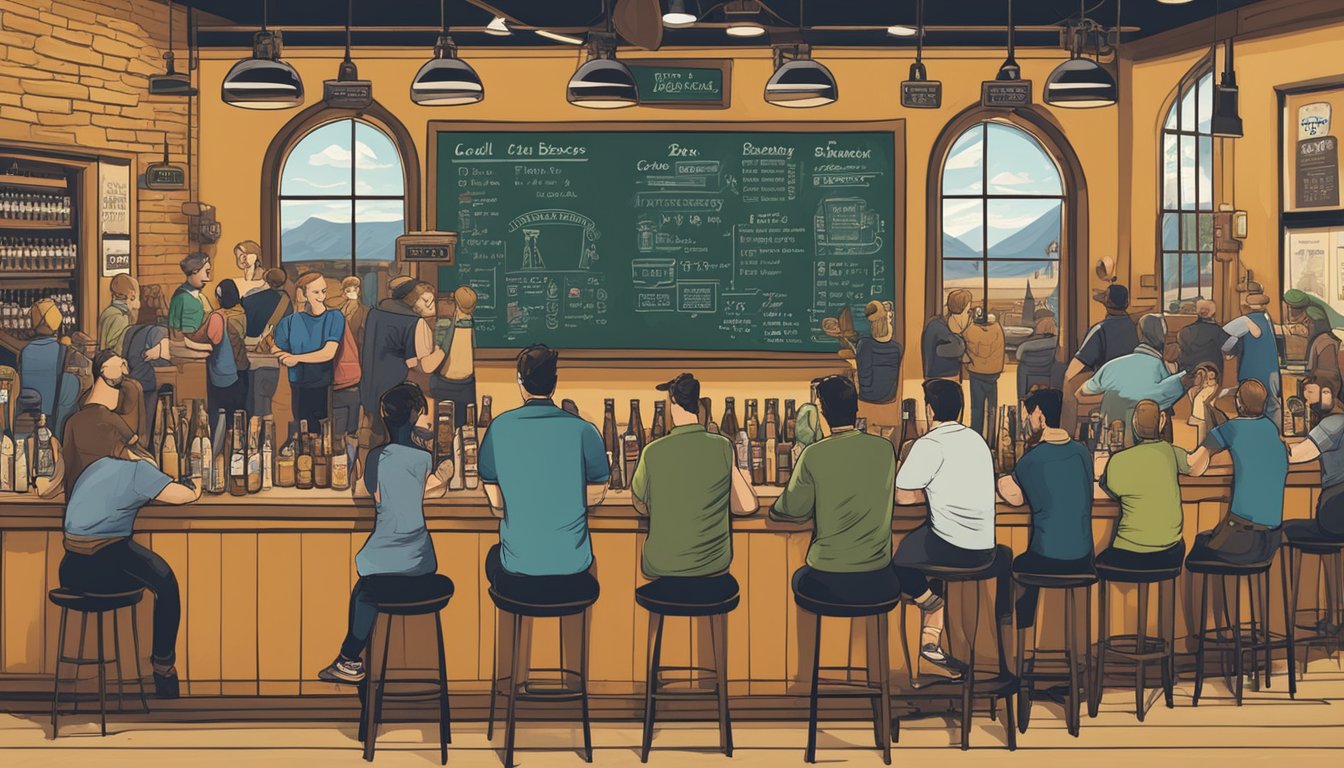 A bustling brewery scene with various beer taps, customers enjoying drinks, and a chalkboard displaying the selection of local craft beers from Boise, Idaho