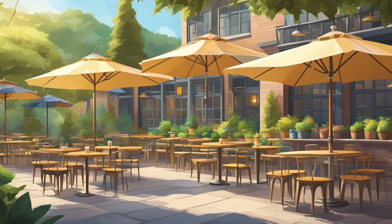 A sunny outdoor patio with colorful umbrellas and tables, surrounded by lush greenery and a brewery sign in the background