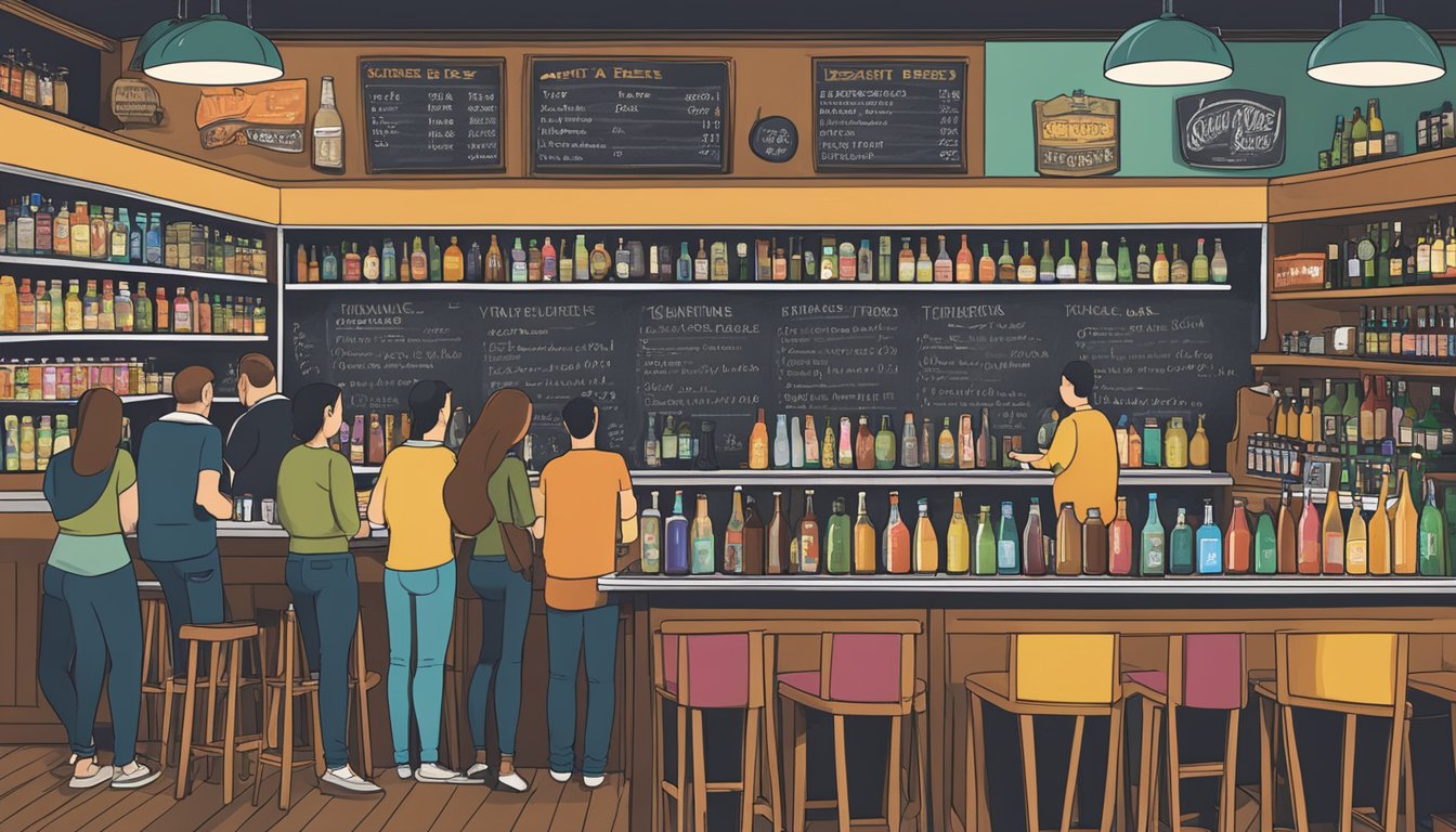 A bustling craft beer taproom with patrons sampling flights of local brews. Shelves lined with colorful bottles and a chalkboard menu display the diverse selection