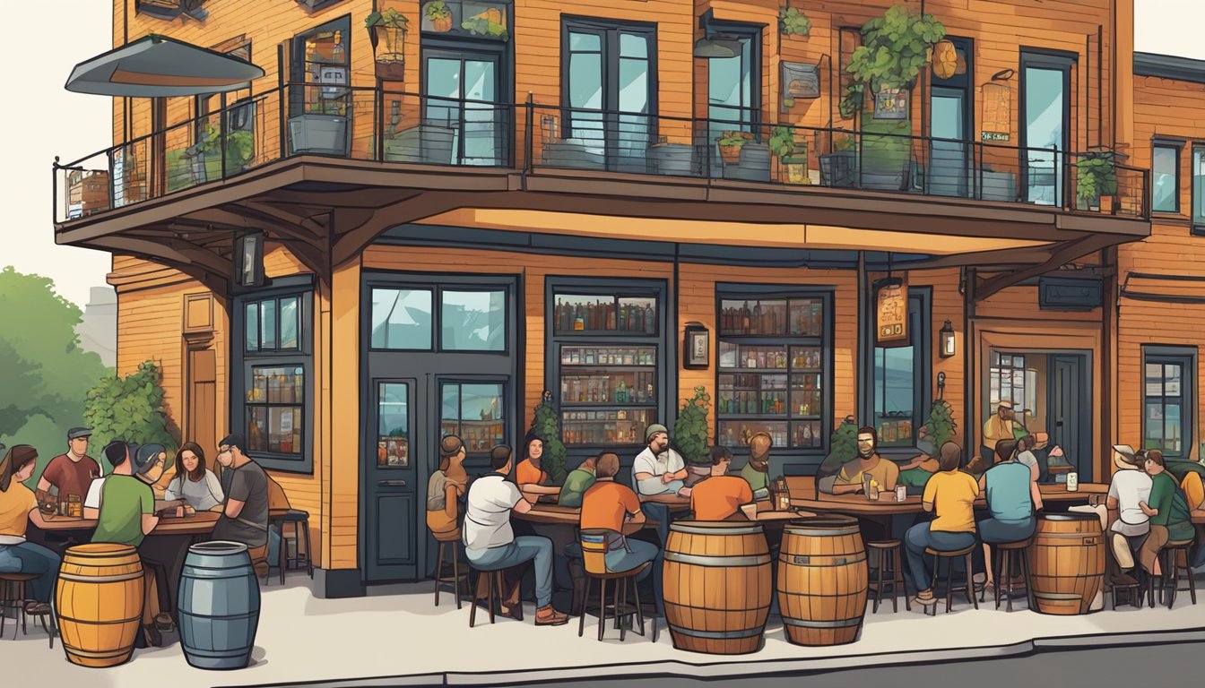 A bustling local brewery with a variety of beer styles on tap, surrounded by vibrant murals and outdoor seating